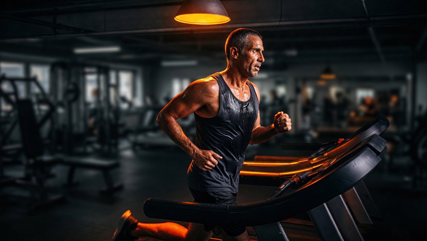 Adulto de unos 50 años corriendo en cinta durante uno de los cuatro intervalos del protocolo Norwegian 4×4 en gimnasio industrial minimalista, iluminación amber cenital con sombra dramática sobre fondo navy-black vignette, motion blur en piernas reforzando la sensación de esfuerzo de alta intensidad.