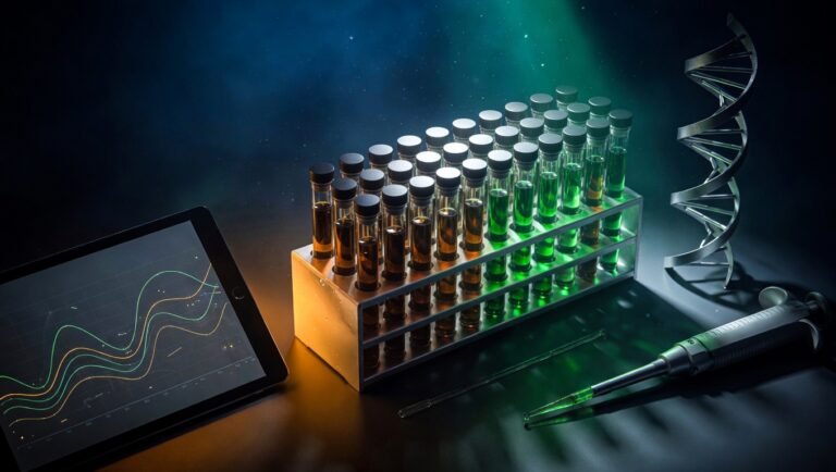Composición de laboratorio de diagnóstico de longevidad con rack de tubos de ensayo con suero ámbar y verde, tablet con gráficos de trayectoria de biomarcadores, pipeta de precisión y hélice de ADN, iluminación verde-bio editorial sobre fondo índigo.