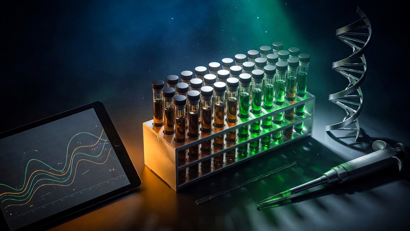 Composición de laboratorio de diagnóstico de longevidad con rack de tubos de ensayo con suero ámbar y verde, tablet con gráficos de trayectoria de biomarcadores, pipeta de precisión y hélice de ADN, iluminación verde-bio editorial sobre fondo índigo.