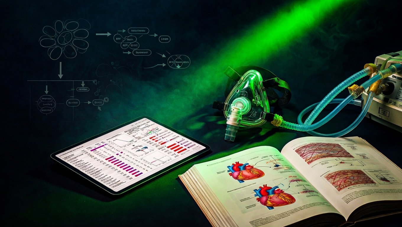 Entorno clínico de medicina de precisión con panel lipídico ApoB en tablet médica, máscara de testing VO2 max con tubería metabólica, y libro de medicina abierto con diagramas anatómicos, iluminación verde-bio editorial con diagramas cardiovasculares fantasma al fondo.