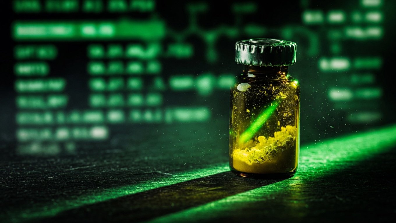 Vial farmacéutico de cristal ámbar con polvo cristalino blanco de NMN sobre superficie oscura con iluminación verde-bio editorial y molécula de nicotinamida mononucleótido sugerida al fondo.