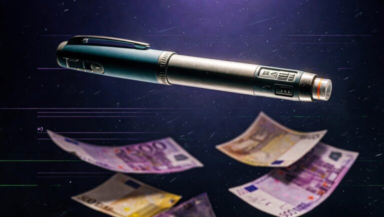 Pluma inyectable estilo Mounjaro sobre billetes de euro fuera de foco en fondo índigo profundo, símbolo del marco regulatorio español de tirzepatida y la barrera económica de acceso sin financiación SNS