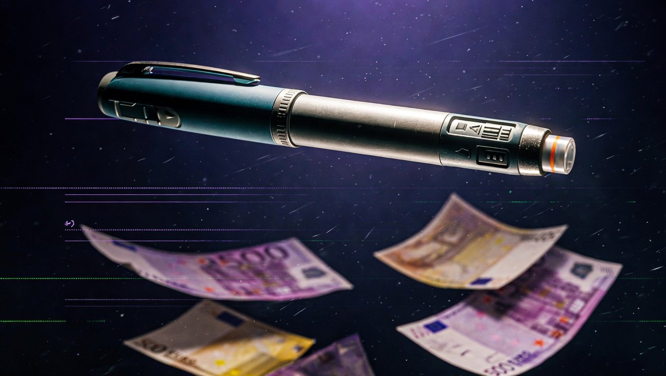 Pluma inyectable estilo Mounjaro sobre billetes de euro fuera de foco en fondo índigo profundo, símbolo del marco regulatorio español de tirzepatida y la barrera económica de acceso sin financiación SNS