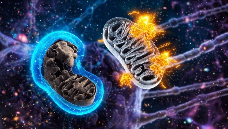 Neurona con mitocondria dañada siendo eliminada por autofagosoma azul cyan y mitocondria nueva formándose con PGC1α y TFAM en cerebro envejecido.
