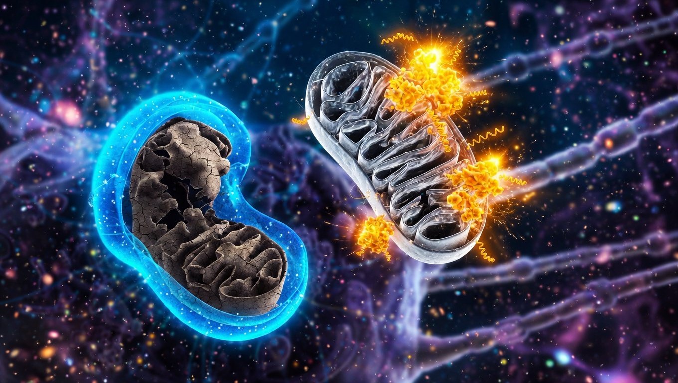 Neurona con mitocondria dañada siendo eliminada por autofagosoma azul cyan y mitocondria nueva formándose con PGC1α y TFAM en cerebro envejecido.