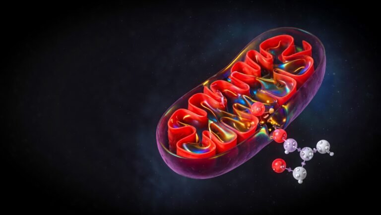 Mitocondria anatómicamente precisa con crestas iluminadas en coral, capa de cardiolipina visible como brillo iridiscente y un tetrapéptido representado por cuatro esferas insertándose en la membrana interna, sobre fondo negro absoluto.