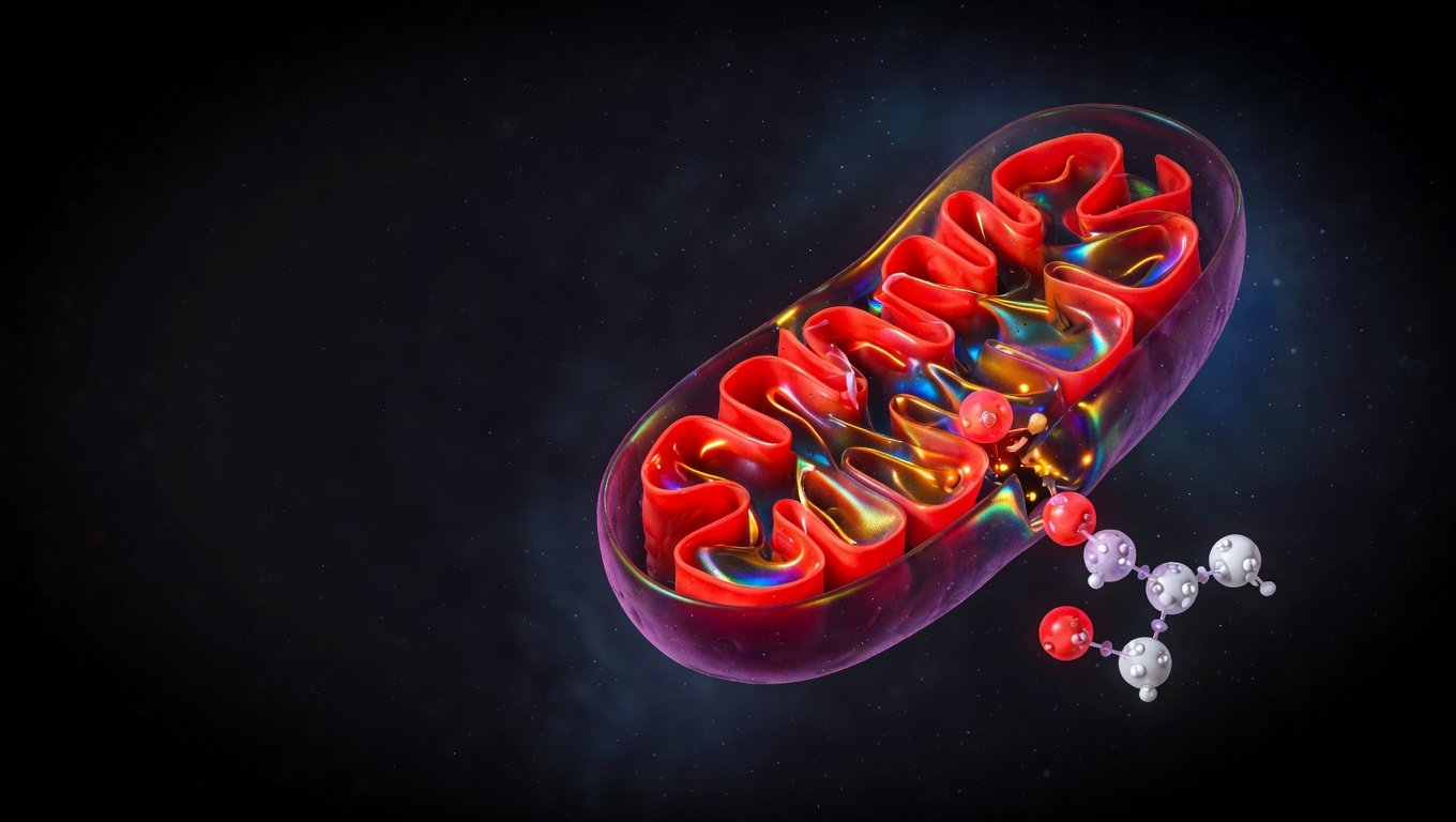 Mitocondria anatómicamente precisa con crestas iluminadas en coral, capa de cardiolipina visible como brillo iridiscente y un tetrapéptido representado por cuatro esferas insertándose en la membrana interna, sobre fondo negro absoluto.