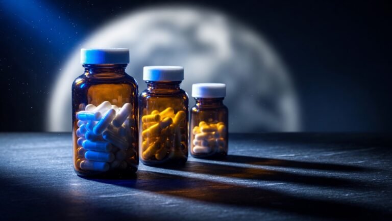 Tres botellas farmacéuticas de cristal ámbar con cápsulas blancas alineadas sobre superficie oscura con iluminación azul electric y resplandor lunar al fondo.