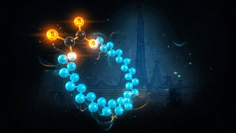 Péptido cíclico iluminado en cyan con puente metileno tioacetal entre dos átomos de azufre sobre fondo negro y cromatograma fantasma azul.