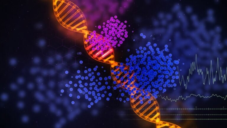 Distribución bimodal de respuesta a GLP-1 en violeta sobre fondo índigo con helicoide de ADN en ámbar destacando la variante rs10305420 en coral