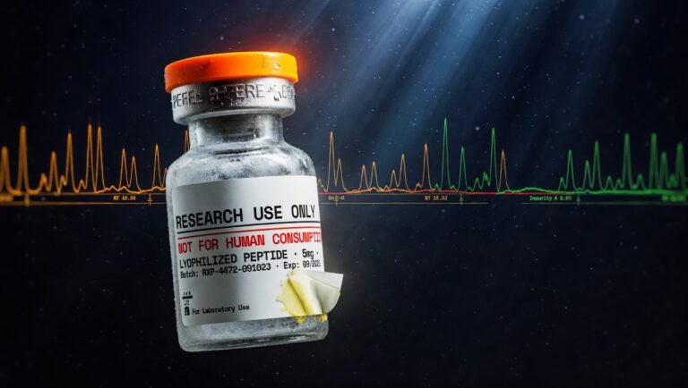 Vial liofilizado con etiqueta Research Use Only RUO sobre fondo índigo profundo y picos cromatográficos atenuados al fondo