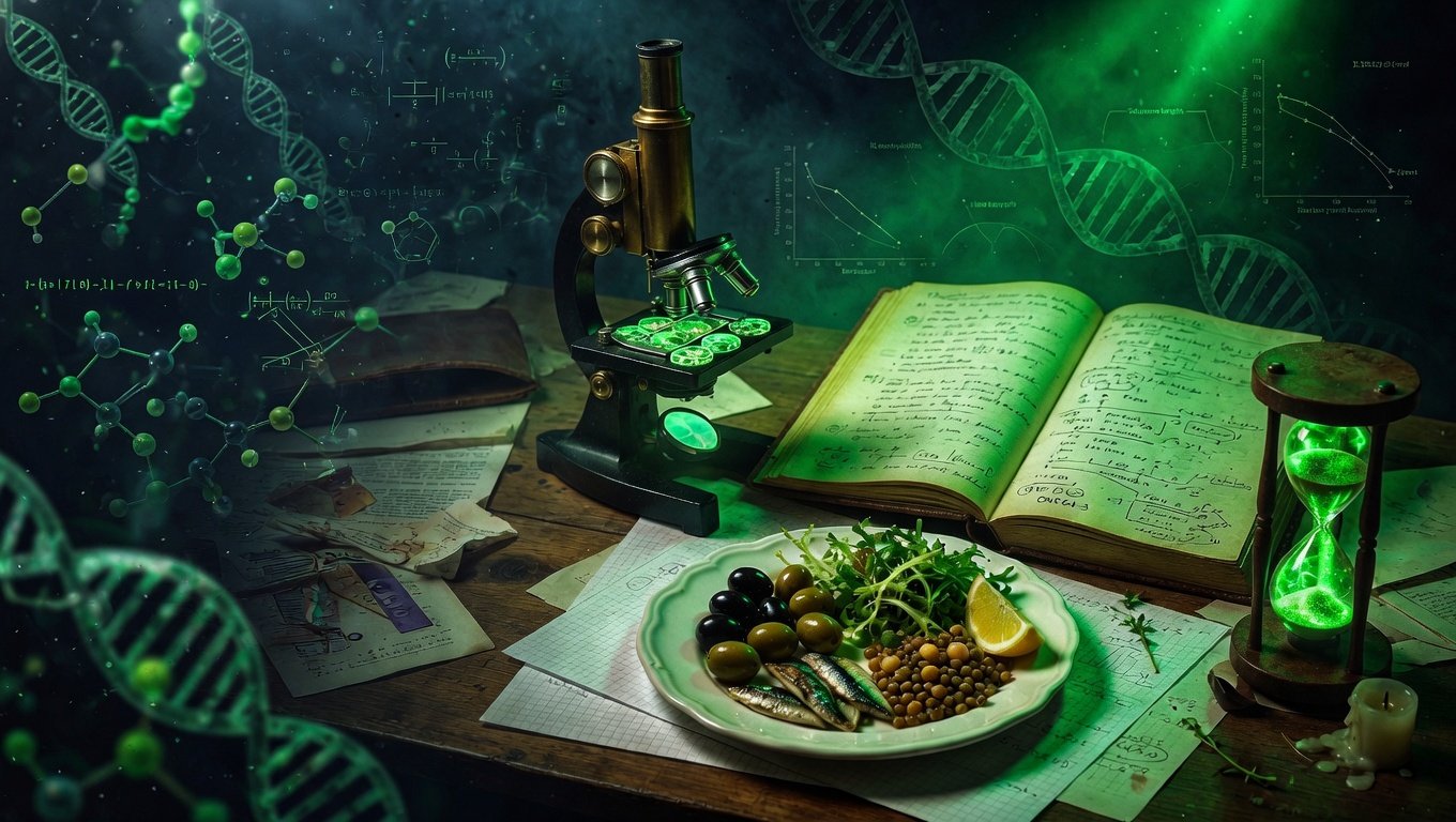 Escritorio académico vintage con cuaderno científico abierto, microscopio de precisión, plato con comida mediterránea (aceitunas, verduras, pescado pequeño, legumbres) y reloj de arena, iluminación verde-bio editorial con biomarcadores de aging sugeridos al fondo.