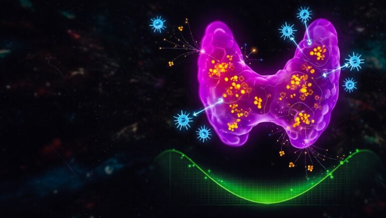 Glándula tiroides en violeta con partículas de selenio ámbar y silueta de células inmunitarias en ataque autoinmune sobre fondo void.