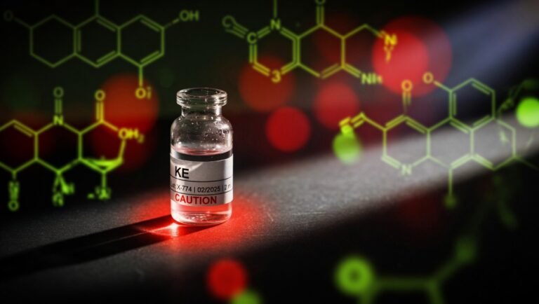 Vial de Vilon (Lys-Glu, KE) con halo rojo de advertencia sobre fondo negro
