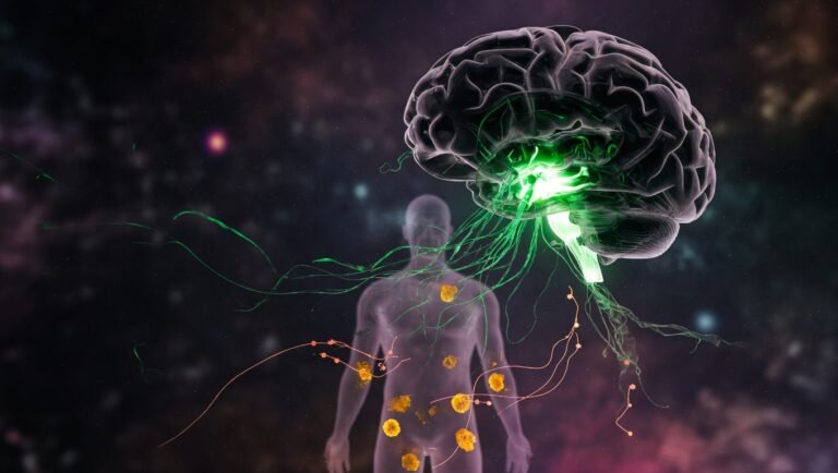 Cerebro en cristal oscuro con flujos energéticos verde-bio descendentes hacia silueta corporal — visualización del modelo BEC.