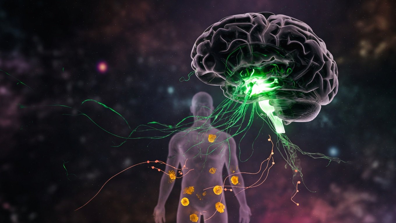 Cerebro en cristal oscuro con flujos energéticos verde-bio descendentes hacia silueta corporal — visualización del modelo BEC.