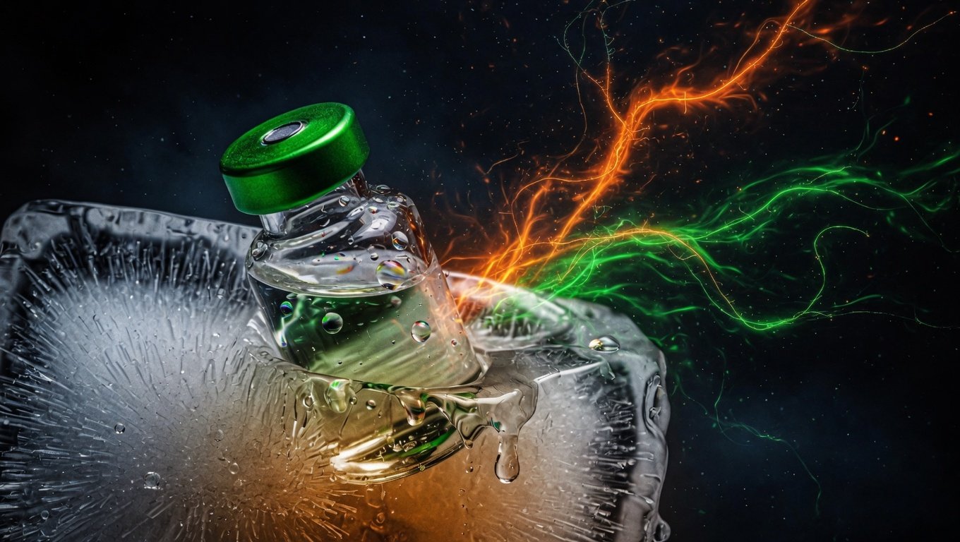 Vial farmacéutico con cap verde en bloque de hielo parcialmente derretido sobre fondo índigo profundo, metáfora visual de la cadena de frío y la transición térmica del péptido