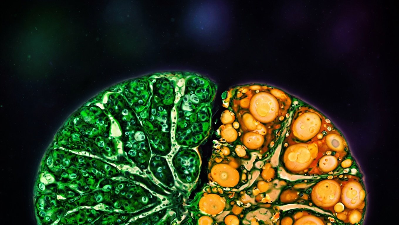 Corte histológico de timo humano mostrando transición de tejido linfoide funcional (verde fluorescente, izquierda) a infiltración adiposa progresiva (ámbar, derecha) sobre fondo índigo profundo.