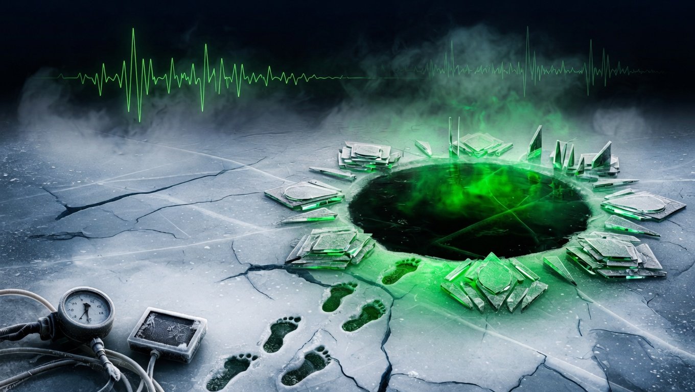 Superficie de lago congelado con agujero circular de inmersión y vapor volumétrico ascendente, huellas descalzas en la nieve y resplandor verde-bio editorial bajo el hielo, biomarcadores fisiológicos fantasma al fondo.