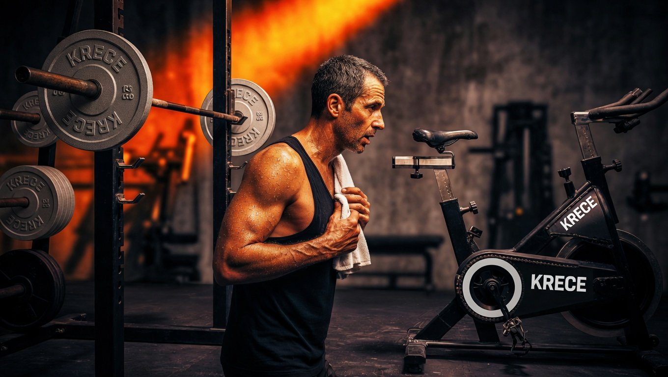 Adulto de unos 45 años entre rack de barra y bicicleta estática en gimnasio industrial minimalista, postura de transición entre dos modalidades de entrenamiento, iluminación amber cenital con sombra dramática sobre fondo navy-black vignette, metáfora visual del entrenamiento concurrente que combina fuerza y cardio.
