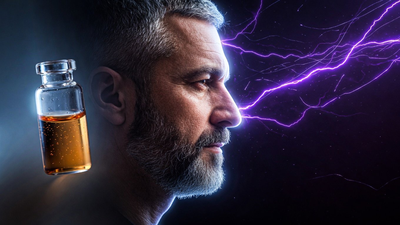 Hombre de unos 50 años en perfil con barba gris, iluminado por luz lateral azul-acero sobre fondo índigo profundo, vial farmacéutico ámbar fuera de foco en primer plano.