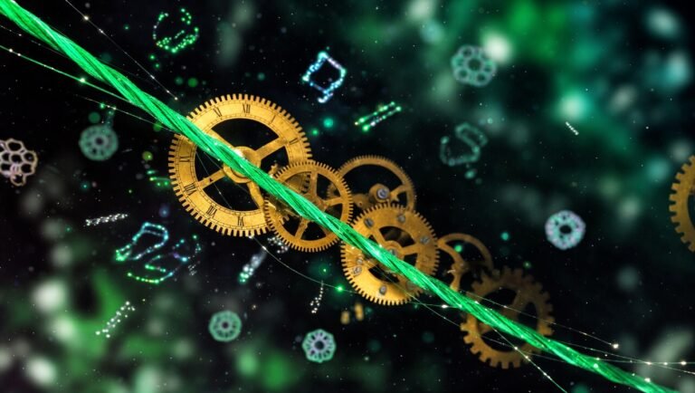 Hilo luminoso verde esmeralda atravesando un fondo índigo profundo, representación abstracta de la longevidad como hilo continuo de la vida.