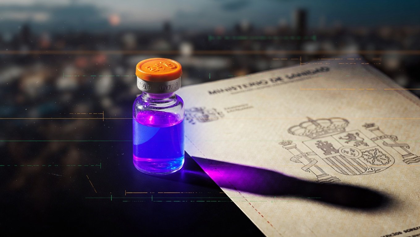 Vial peptídico junto a documento oficial de receta médica española en fondo índigo profundo, símbolo del marco regulatorio AEMPS y la legalidad de péptidos en España