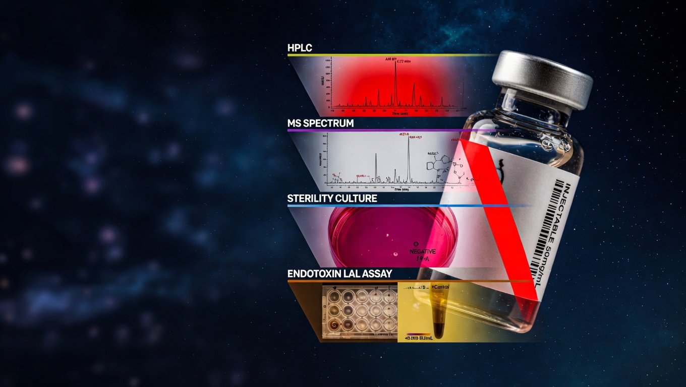 Vial farmacéutico desintegrándose en cuatro capas analítica: cromatograma HPLC, espectro de masas, placa de cultivo y ensayo de endotoxinas sobre fondo índigo profundo.