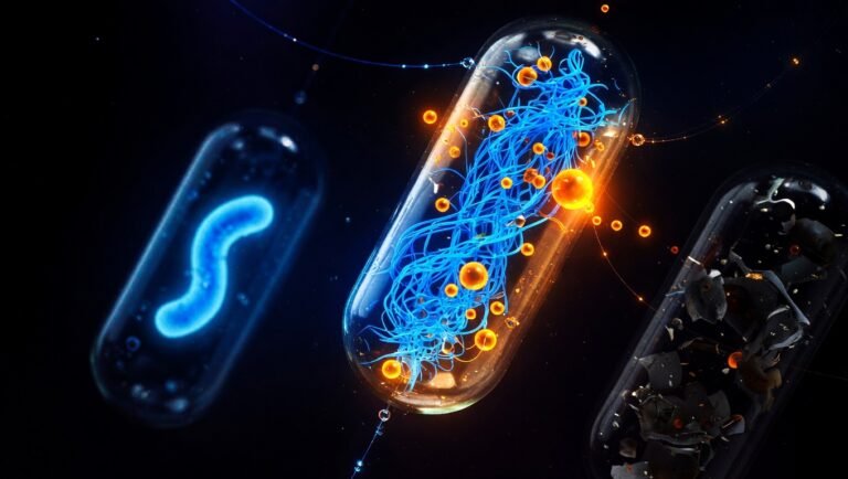 Tres cápsulas transparentes suspendidas mostrando bacteria única, red de fibra con SCFAs y debris microbiano inactivado sobre fondo índigo profundo
