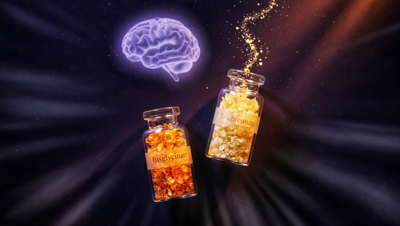 Comparativa visual entre frasco de bisglicinato y frasco de L-treonato de magnesio con silueta de cerebro humano translúcida sobre el segundo.