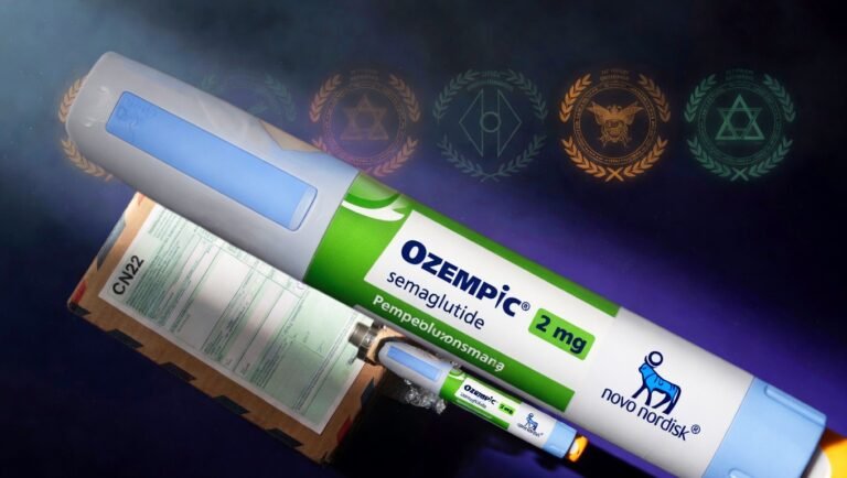 Paquete postal internacional con etiqueta aduanera y sello regulatorio mexicano junto a pluma inyector peptídico parcialmente visible sobre fondo índigo profundo, símbolo del procedimiento de importación personal de medicamentos peptídicos ante COFEPRIS y aduana mexicana.