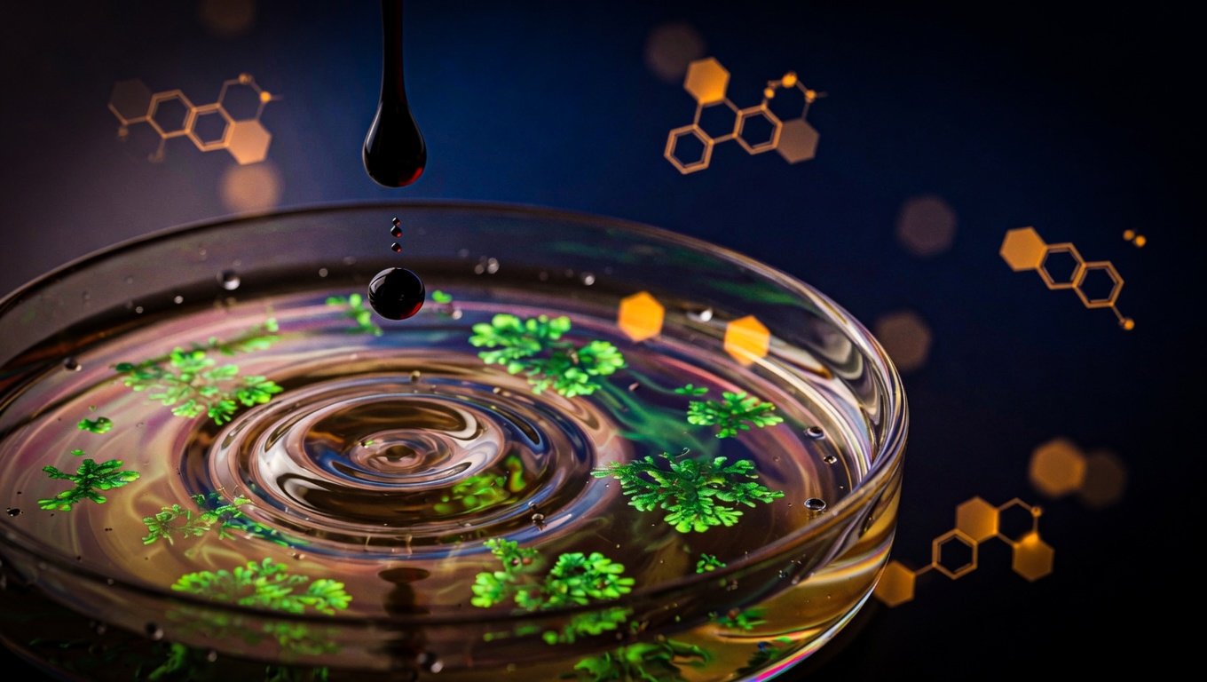Gota de café cayendo en placa de Petri con colonias verdes de bacterias intestinales sobre fondo índigo profundo