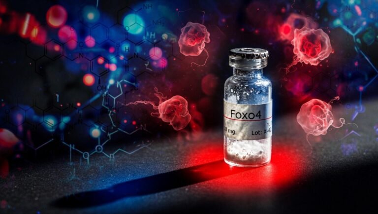 Vial de FOXO4-DRI con halo rojo de advertencia y siluetas de células en apoptosis sobre fondo negro