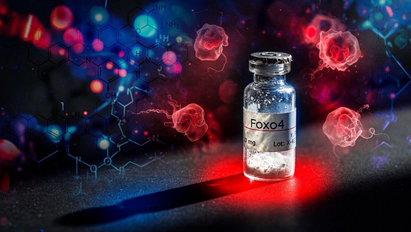 Vial de FOXO4-DRI con halo rojo de advertencia y siluetas de células en apoptosis sobre fondo negro