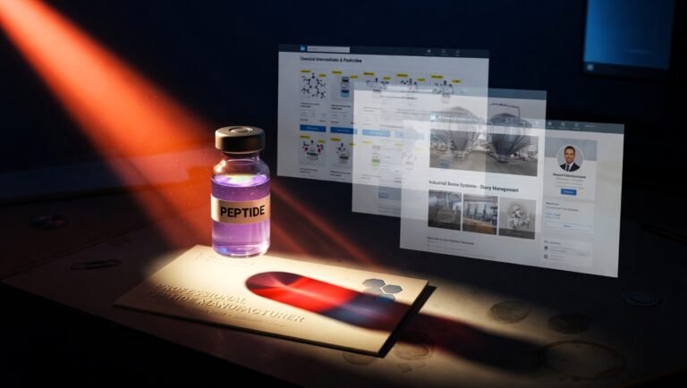 Vial de péptidos sobre tarjeta de proveedor con tres webs fantasma superpuestas al fondo en luz coral