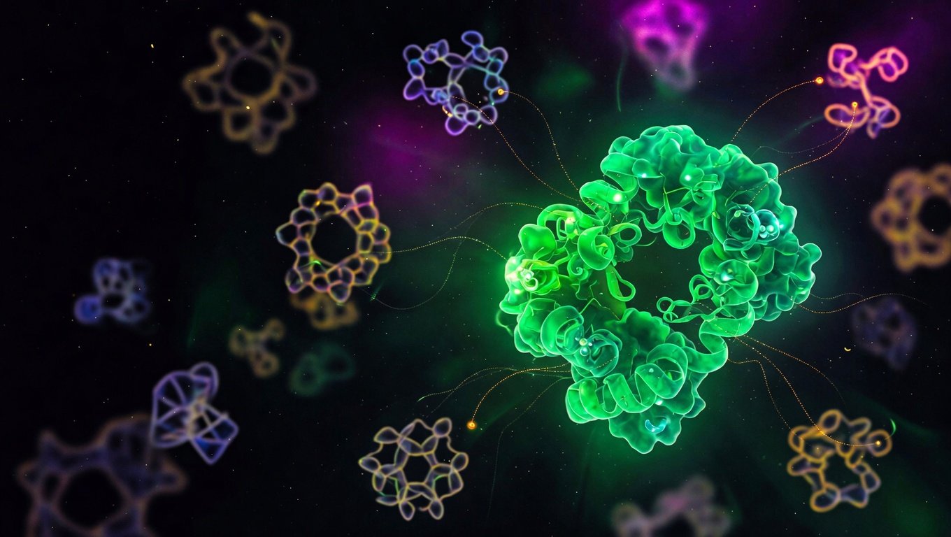 Estructura molecular de enzima en verde esmeralda nítida en primer plano con dianas farmacológicas borrosas alrededor sobre fondo índigo profundo