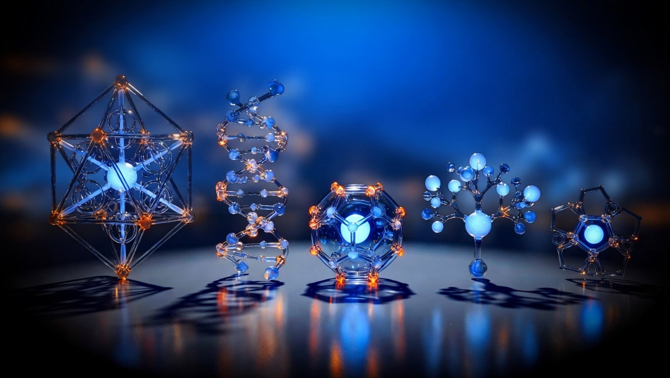 Cinco esculturas moleculares de vidrio con luz interna azul Brain sobre superficie negra, metáfora visual del pillar KRECE sobre 5 moléculas para prevenir Alzheime