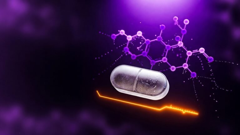 Pastilla blanca de Foundayo orforglipron con scaffold molecular violeta del GLP-1 oral no peptídico sobre fondo índigo profundo
