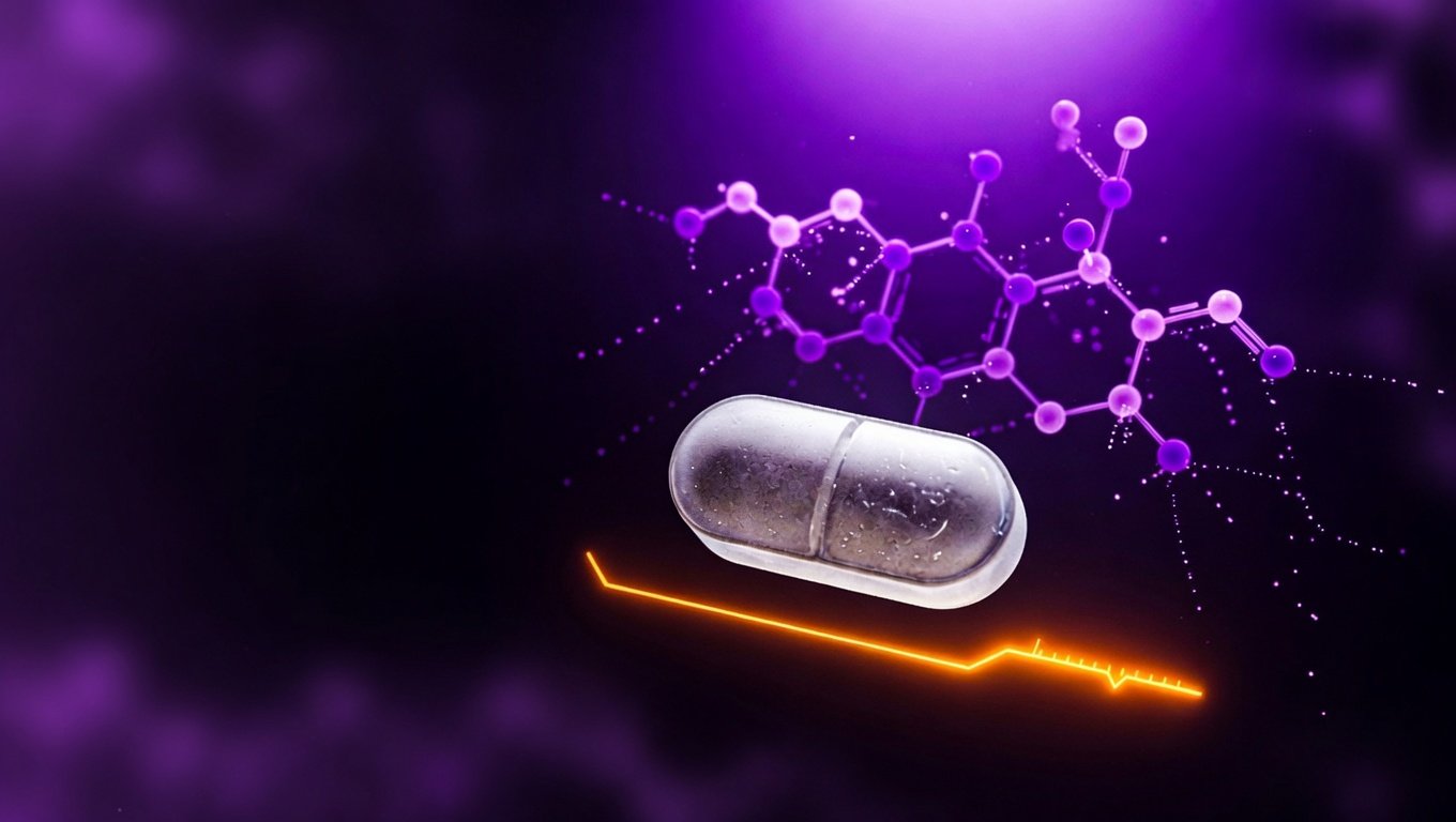 Pastilla blanca de Foundayo orforglipron con scaffold molecular violeta del GLP-1 oral no peptídico sobre fondo índigo profundo