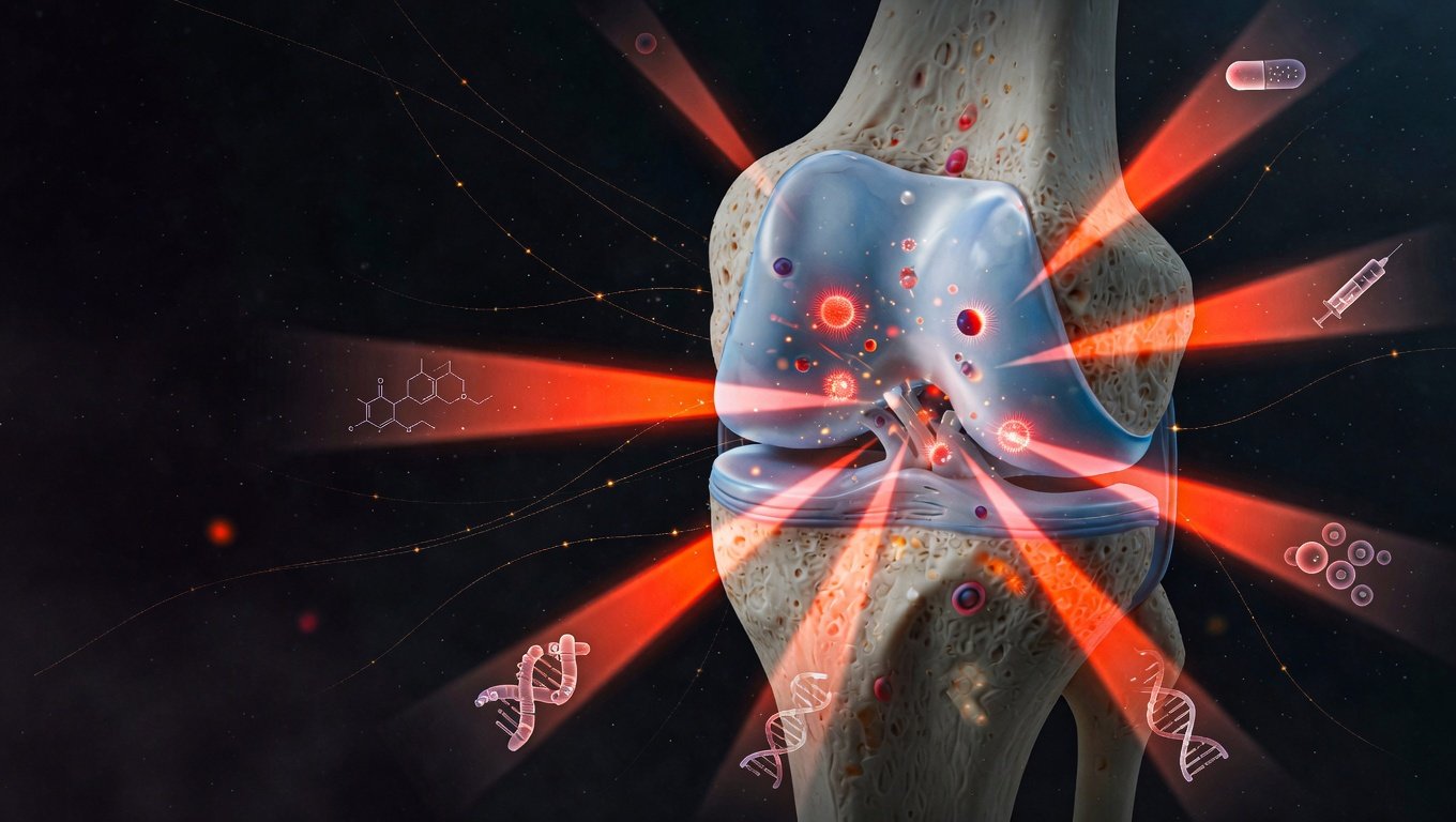 Sección articular con seis haces de luz radiales coral representando seis vías de reprogramación condrocítica sobre fondo índigo profundo