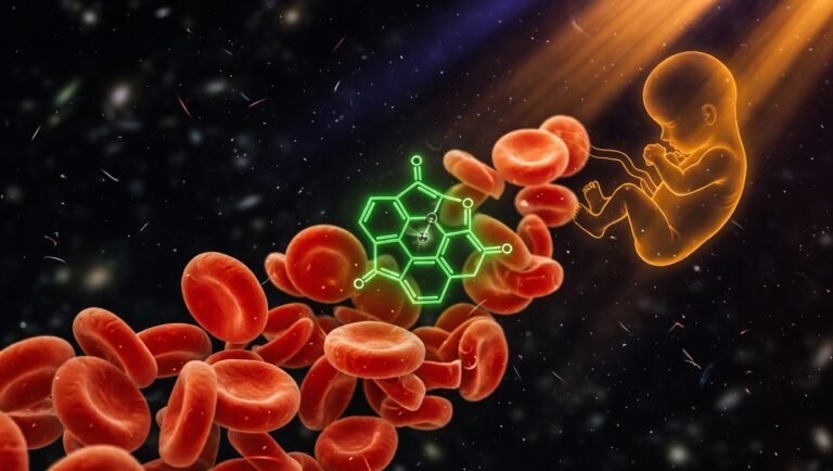Eritrocitos en flujo con molécula heme en verde Longevity sobre fondo índigo, silueta fetal en ámbar como contexto de embarazo.