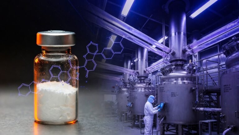 Sala de reactores SPPS de fabricación GMP de péptidos GLP-1 con worker en bunny suit pequeño al fondo y vial liofilizado en primer plano con estructura molecular de semaglutida al fondo en violet sobre void índigo.