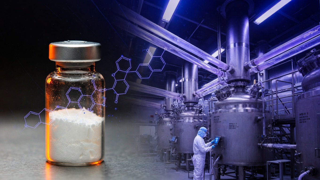 Sala de reactores SPPS de fabricación GMP de péptidos GLP-1 con worker en bunny suit pequeño al fondo y vial liofilizado en primer plano con estructura molecular de semaglutida al fondo en violet sobre void índigo.