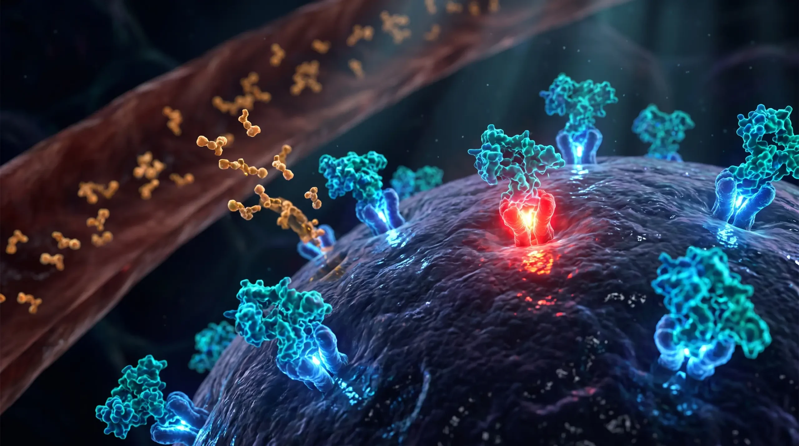 Ilustración molecular del HOMA-IR, con insulina acoplándose a sus receptores en la membrana de un hepatocito mientras el hígado sigue liberando glucosa al torrente.
