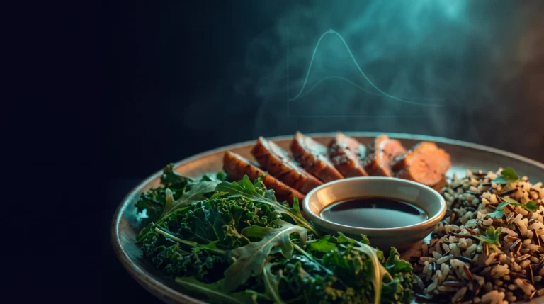 Plato con verduras de hoja, proteína, un cuenco de vinagre y una porción de almidón sobre fondo oscuro, con una curva de glucosa difuminada al fondo, una representacion del metodo de orden de comida de Jessie Inchauspe.