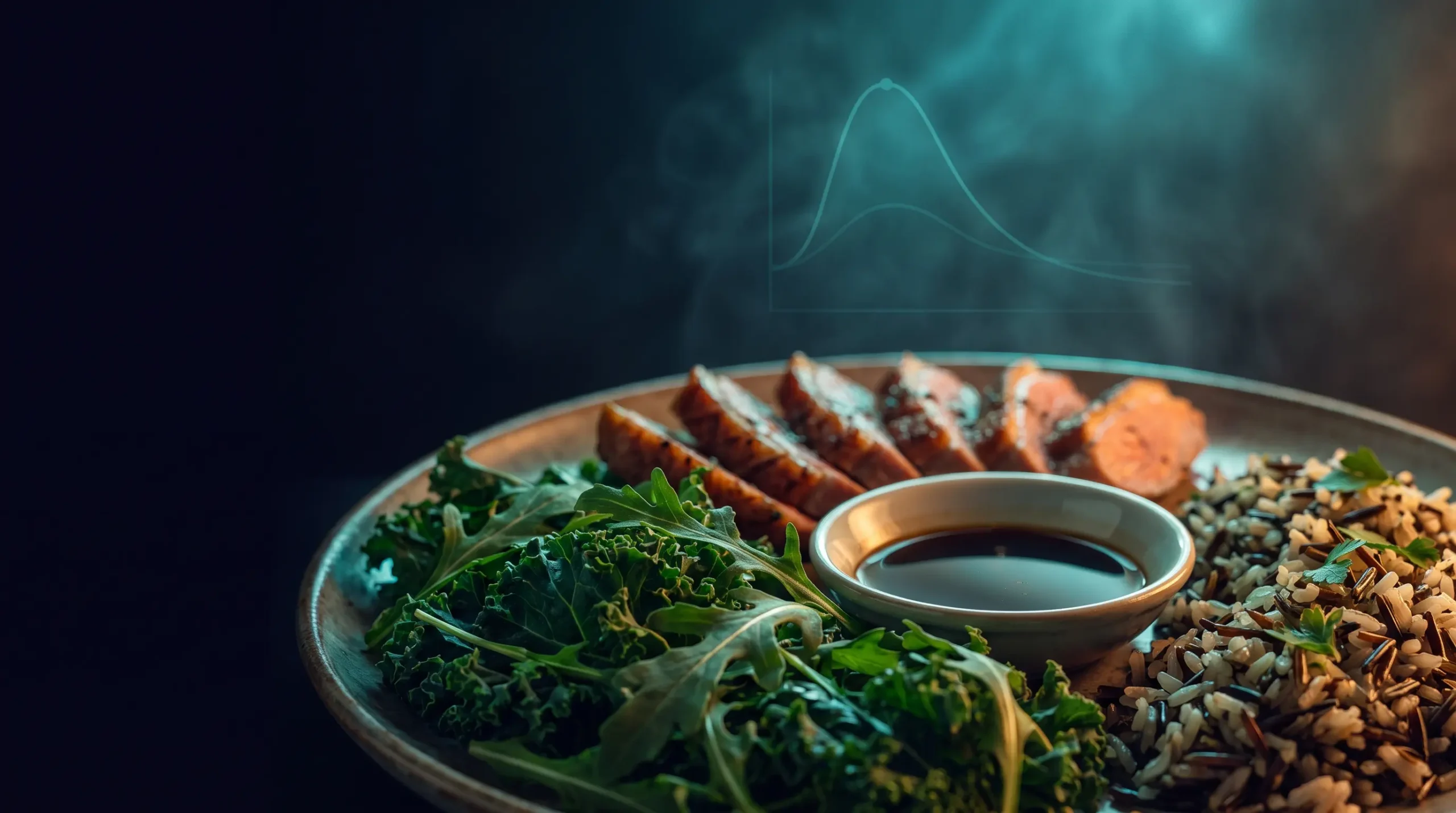 Plato con verduras de hoja, proteína, un cuenco de vinagre y una porción de almidón sobre fondo oscuro, con una curva de glucosa difuminada al fondo, una representacion del metodo de orden de comida de Jessie Inchauspe.
