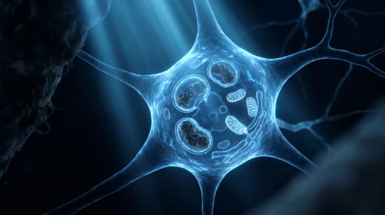 Neurona con mitocondrias en su interior, algunas dañadas siendo recicladas por autofagosomas y otras nuevas formándose, sobre fondo oscuro de tono azul.