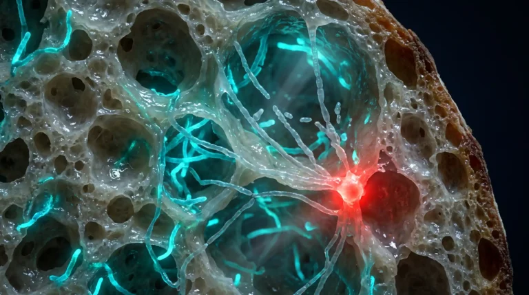 Corte macroscópico de un pan de masa madre con las bacterias lácticas colonizando la matriz de gluten durante la fermentación larga.