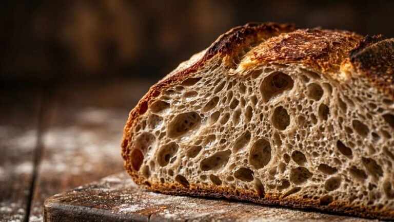 Pan de masa madre auténtico cortado mostrando miga alveolada de fermentación larga
