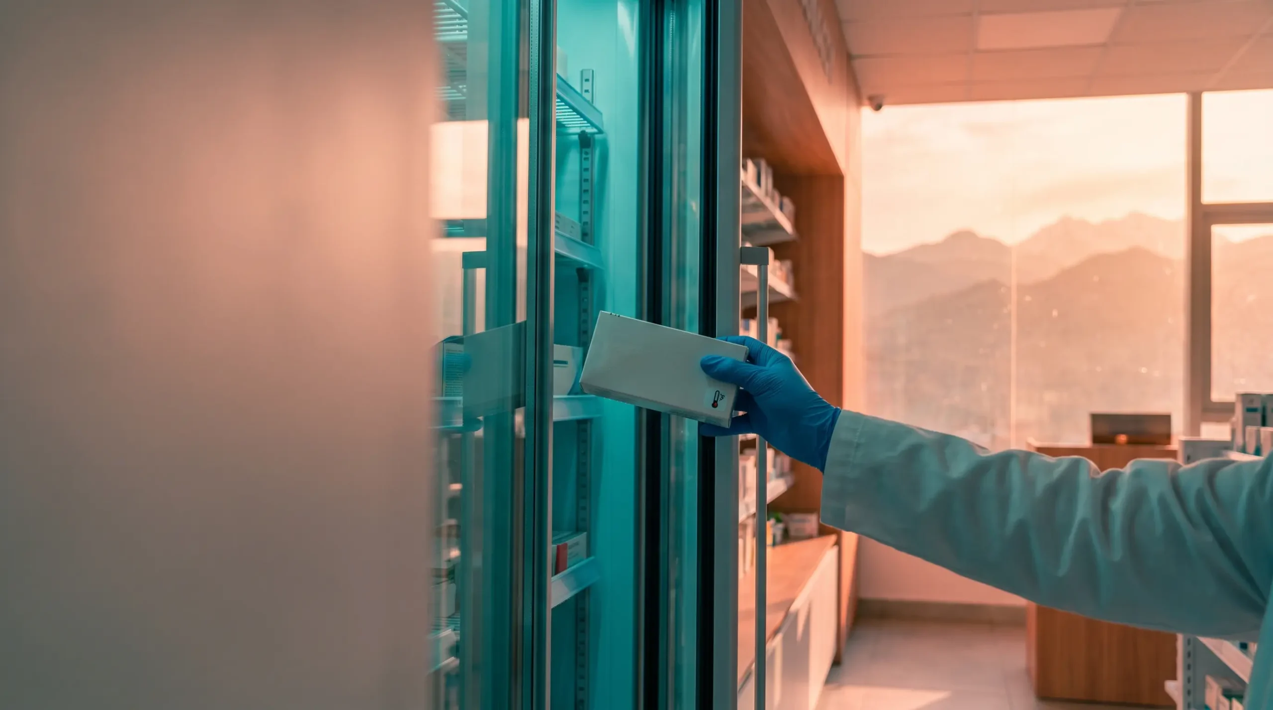 Interior de una farmacia formal en La Paz con una caja de inyectable sellada en un estante refrigerado y la mano de un farmacéutico, con los Andes al fondo.